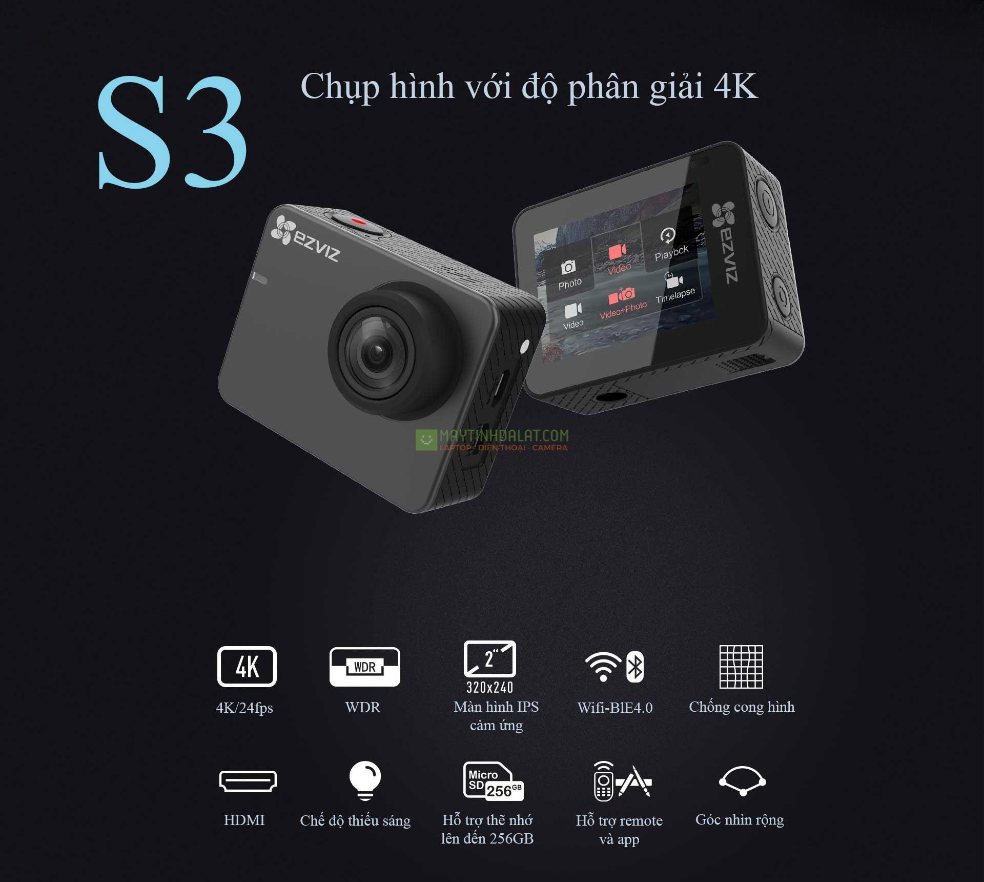 Camera hành trình EZVIZ S3 độ phân giải: 4K/24fps, 1080P/50fps Màn hình cảm ứng IPS LCD