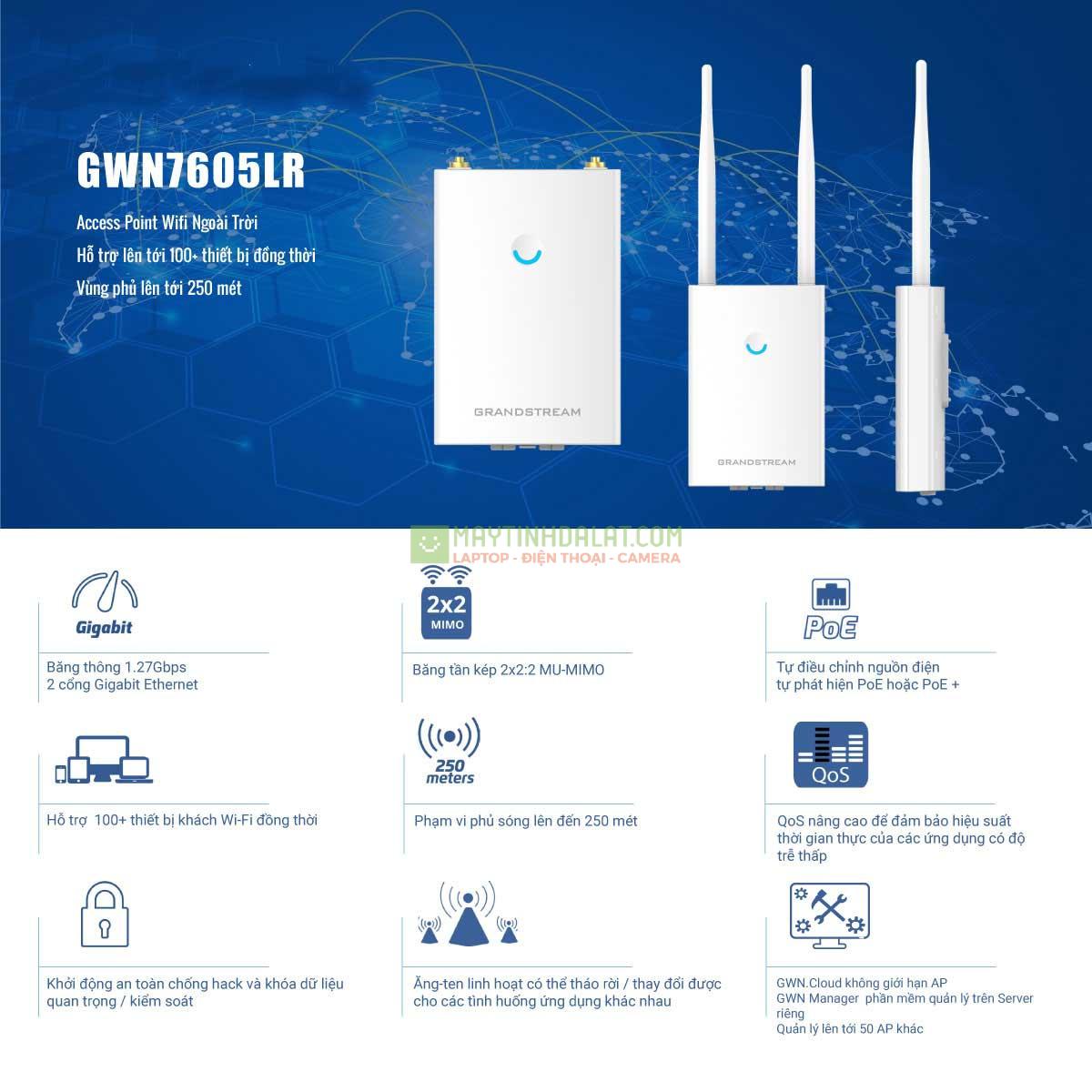 Bộ phát wifi ngoài trời Access Point Grandstream GWN7605LR 8 SSID, 1.27Gbps, hỗ trợ 100 người dùng đồng thời, Wifi Marketing