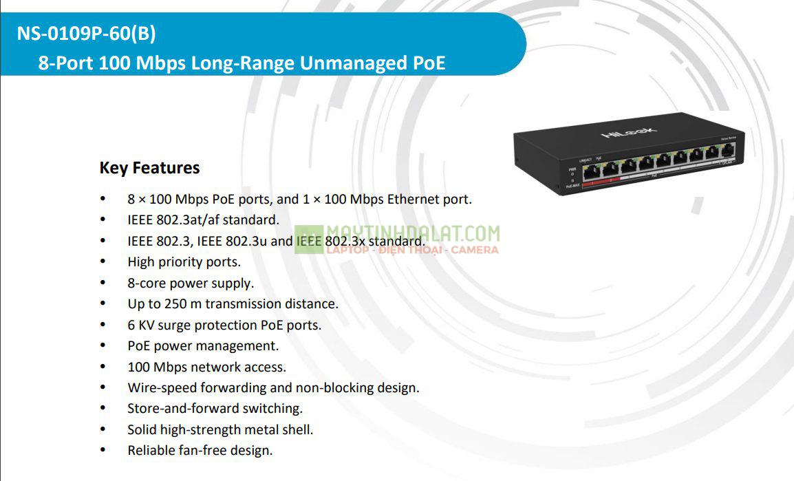 Switch PoE 8 Port HiLook NS-0109P-60(B) 100Mbps, công suất PoE 60W , 1 cổng uplink 100M