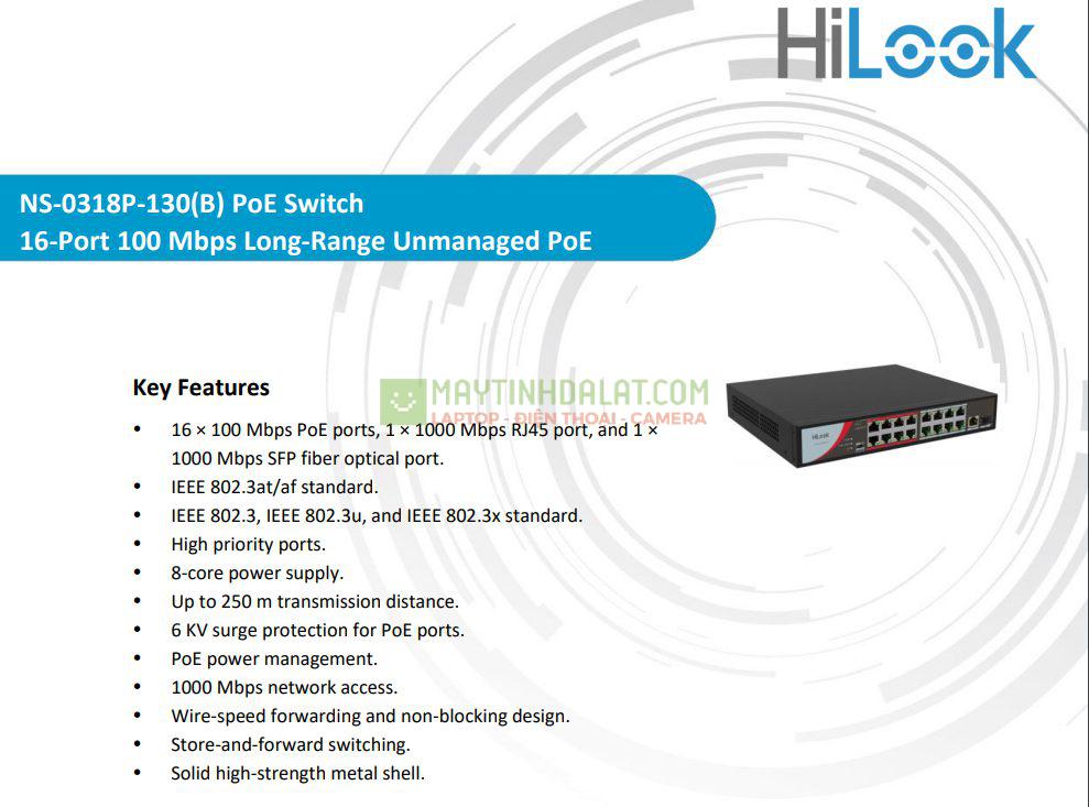 Switch PoE HiLook NS-0318P-130(B) 16 Port 100Mbps, công suất PoE 130W, 1 cổng RJ45, 1 cổng SFP 1000M