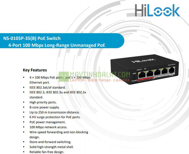 Switch PoE 4 Port HiLook NS-0105P-35(B) 100Mbps, công suất PoE 35W , 1 cổng uplink 100M