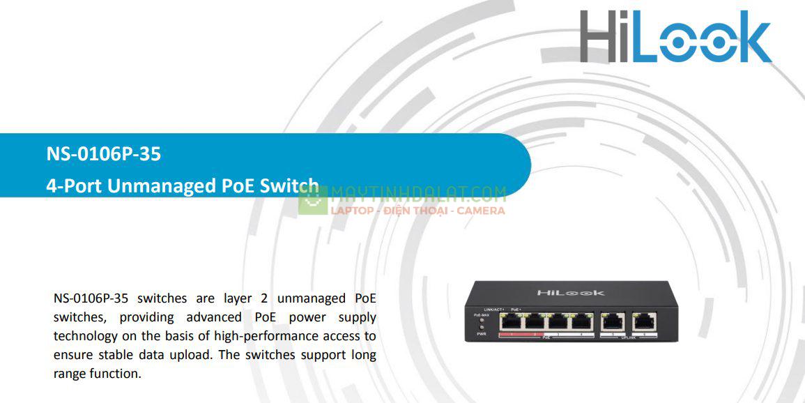 Switch 4 Port PoE HiLook NS-0106P-35 100Mbps, công suất PoE 35W, 2 cổng Uplink 100M